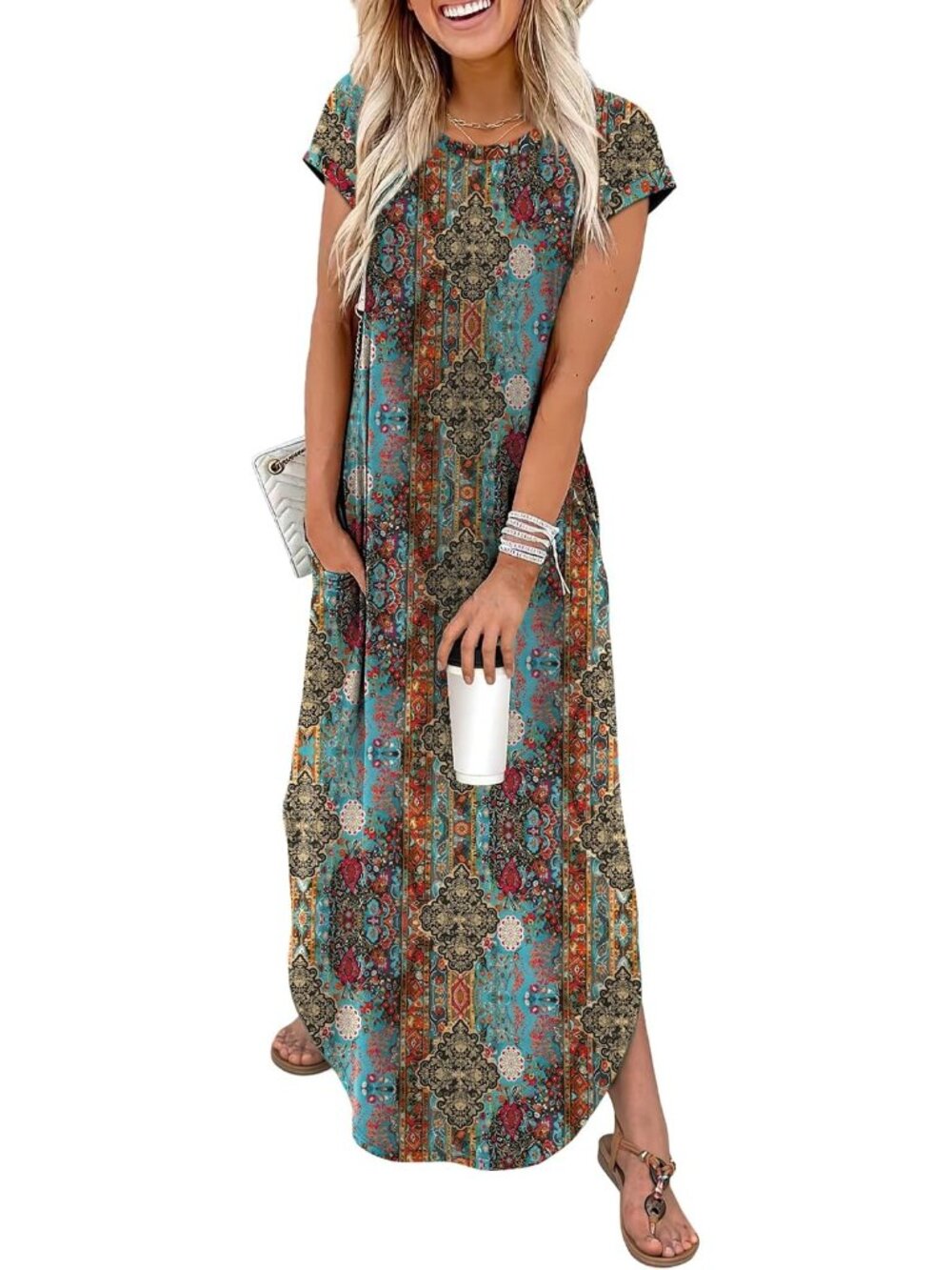 〽️Dark Blue Boho Floral Maxi Dress Women’s Crew Neck Cap Sleeve Summer Style